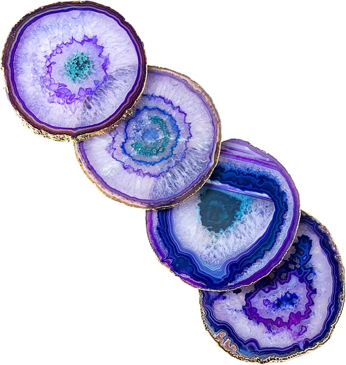 Nature's Decorations Purple Gold Rimmed Agate Stone Coasters - Set of 4, Polished Geode Drink Mats for Dining & Coffee Table & Kitchen Geode Decor Non-Toxic 4.5-5" Diameter