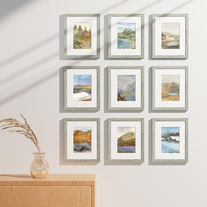 Vittanly 8x10 Picture Frames Set of 9, Shatter Resistant Plexiglass, Display 5x7 Pictures with Mat or 8x10 without Mat, Photo Frames for Wall or Tabletop, Engineered Wood, Grey