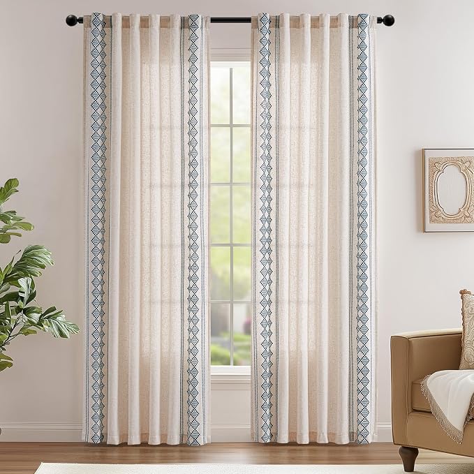 jinchan Boho Curtains Linen Blend Beige Farmhouse Curtains 84 Inches Long for Living Room Blue Square Embroidered Bordered Back Tab Bedroom Window Light Filtering Bohemian Drapes 2 Panels