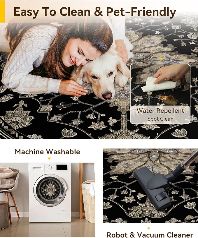 RELEANY Area Rugs 4ft Washable Non-Slip, Floral Vintage Distress Print Pattern Medallion Carpet for Living Room Bedroom Dining Room, Black Brown Neutral Dark Tan