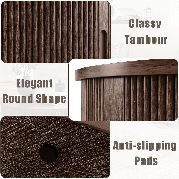 LINSY HOME Round Coffee Table, 31.5" Drum Coffee Table with Sliding Tambour Door, Fluted Accent Center Table with Storage, Mid Century Modern Coffee Table for Living Room, Walnut
