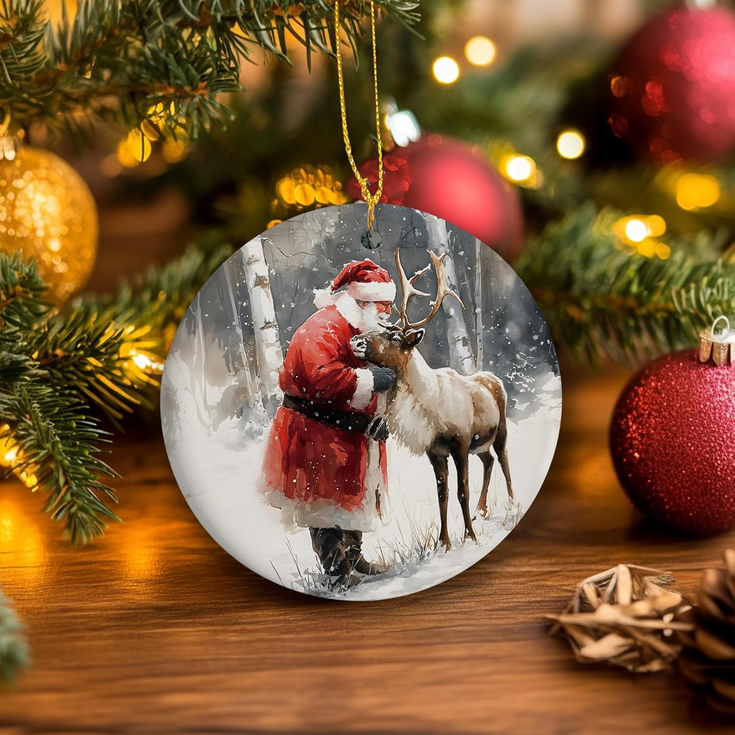 Christmas Santa Reindeer Ceramic Ornament Gifts, Rustic Winter Santa Claus Reindeer Decorative Hanging Ornaments for Xmas Tree Holiday Party Decoration, Winter Xmas Tree Decorations