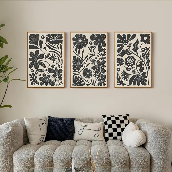 Black Floral Botanical Framed Canvas Wall Art Set, Abstract Floral Market Wall Decor, Modern Vintage Wall Painting, Boho Minimalist Art Print for Living Room Girl Room Office 16"x24"x3