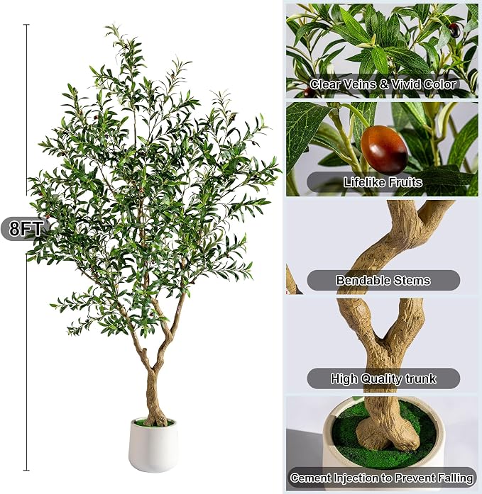 Erimda 8FT Faux Olive Tree with Tall Exquisite Planter Artificial Olive Tree Tall, Potted Fake Olive Plant with 2070 Real Touch Leaves, Indoor Outdoor Home Garden Office Decor