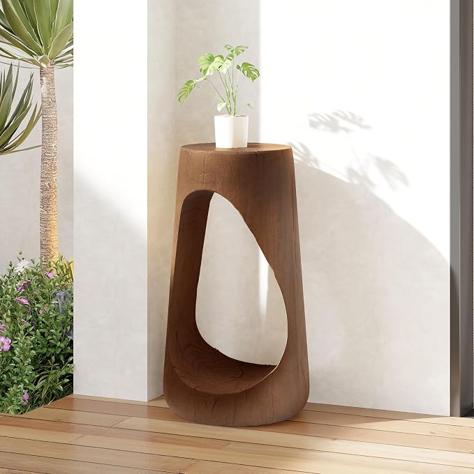 Christopher Knight Home Novi 26.57"H Lightweight Concrete Outdoor Side Table, Hollow Round-shaped Patio End Table, MGO Outdoor Coffee Table, Garden Plant Stand Indoor, Wood-Like Texture, Antique Brown