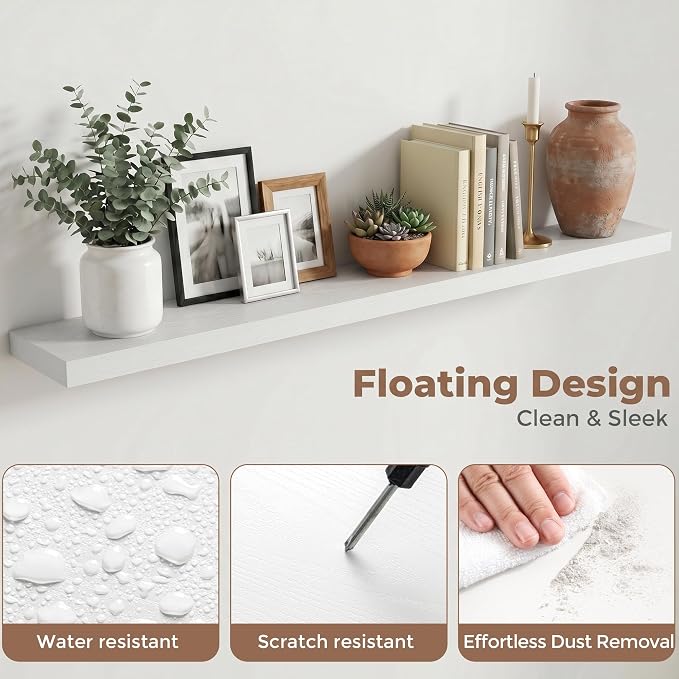 72 Inch Floating Shelves for Wall, 8"D Wood Storage Shelves, White Finish | Engineered Wood, Invisible Bracket, Large Storage, Easy Install, Hold Up to 99lbs, Living Room, Bathroom, Bedroom, Kitchen