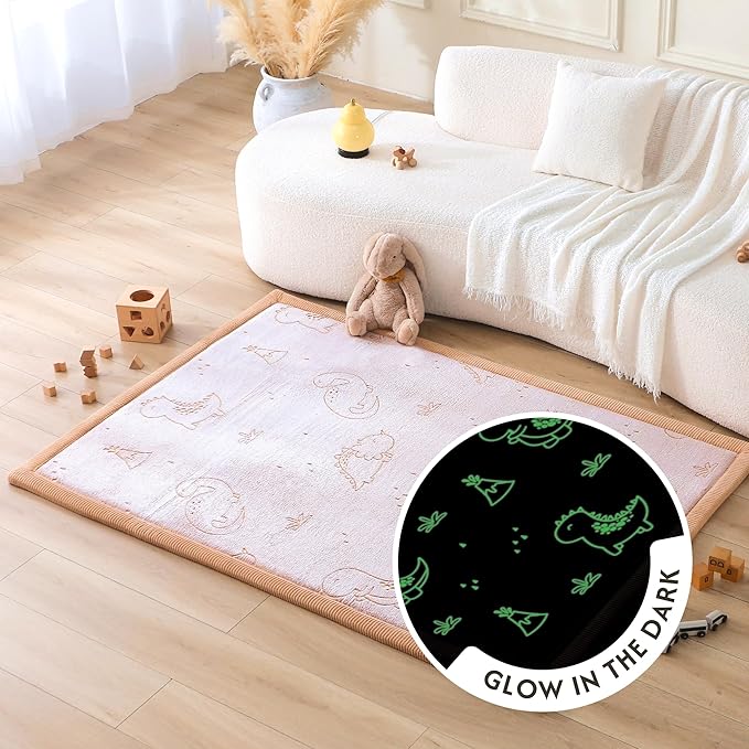 Hakuna Matte GlowCloud Baby Play Mat for Floor 47”x 67” Dinosaurs – Coral Velvet Memory Foam Rug for Crawling & Cozy Play – Non-Slip, Water-Resistant, Easy-Care Tummy Time Mat, Playmat for Playpen