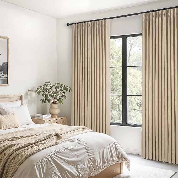 Custom Made Rustic Pinch Pleated Linen Curtains 102 Inches Long for Living Room Bedroom Netural Textured Linen Back Tab Light Brown Memory Trained Pleat Drapes Ceiling Floor Semi Sheer Sliding Door