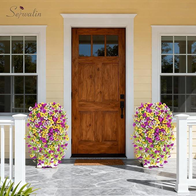 Serwalin Artificial Fake Hanging Flowers for Outdoors Planters,6PCS UV Resistant Faux Pansy Spring Flowers for Outside Porch Patio Garden Window Box (Yellow Lavender White)