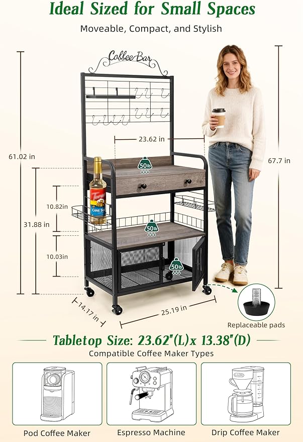 Coffee Bar Cabinet with Storage, Coffee Cart with Wheels, Coffee Station with Coffee Bar Sign and Mug Hook, Corner Coffee Bar Table with Drawer, Bakers Rack for Kitchen Dining Room Living Room Nook