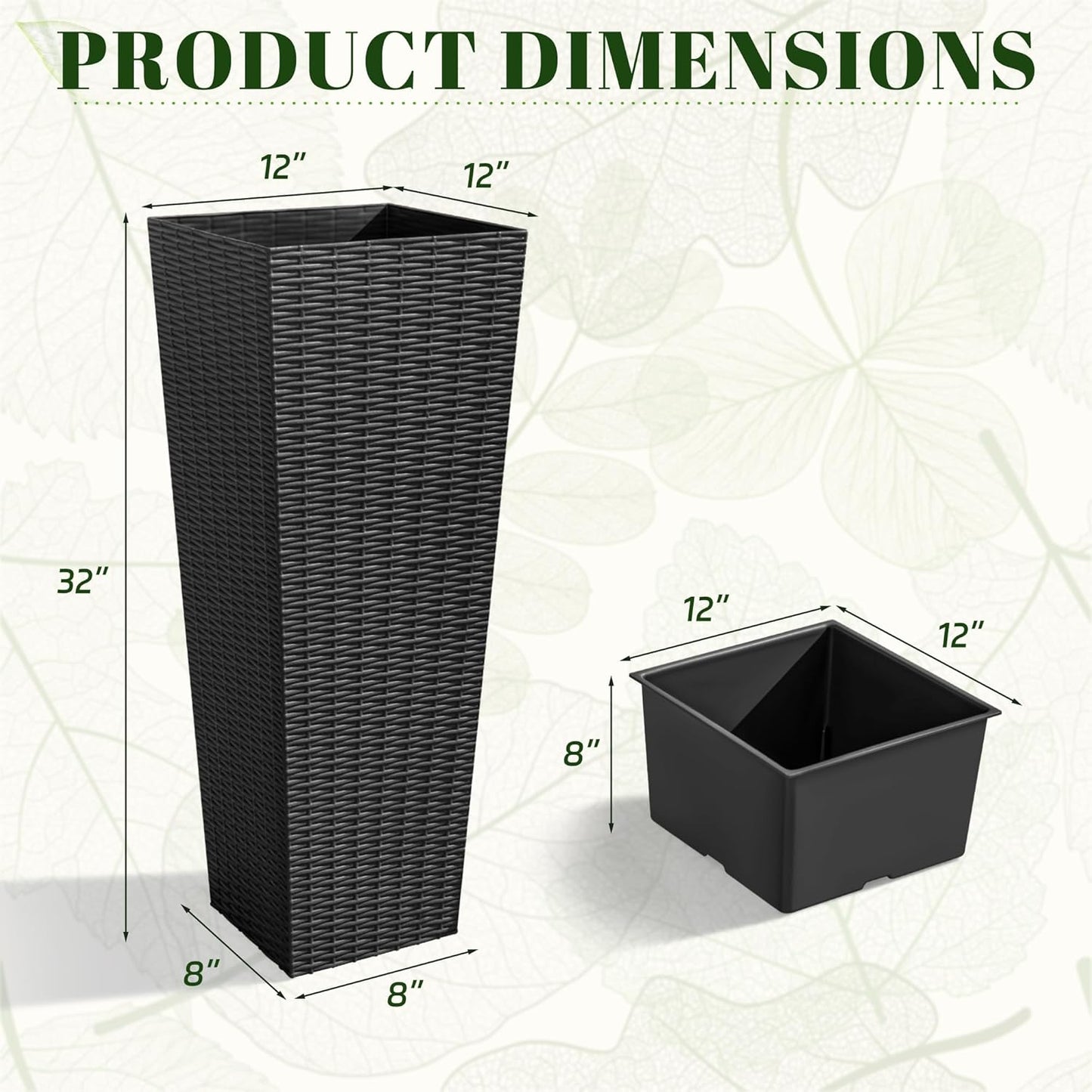 JUMMICO Set of 2 Resin Rattan Tall Planters for Outdoor Plants, Large Tapered Planters with Drainage Holes&Inner Trays, Flower Pots for Garden, Patio, Porch, Backyard (Black, 32'')