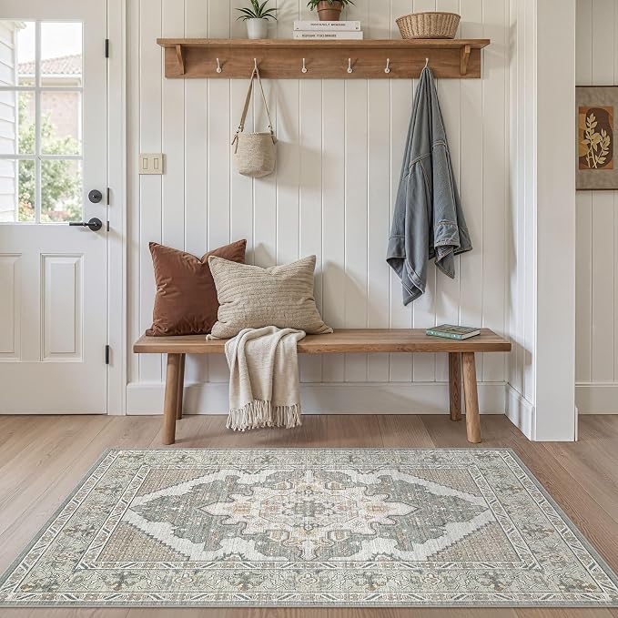 Tortania Area Rug Living Room Rugs - 3x5 Washable Rug Vintage Oriental Distressed Farmhouse Small Thin Indoor Carpet for Living Room Bedroom Under Dining Table Home Office - Sage Green