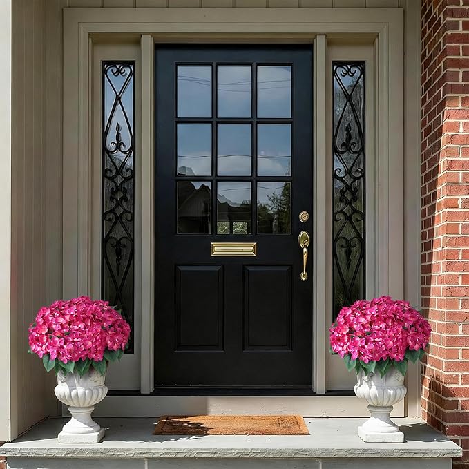 FOTEEWL 16 Bundles Artificial Hydrangea Flowers for Outdoor Decor, Realistic Faux Silk Bouquets Sun-Resistant Fake Plants for Front Door Balcony Farmhouse Garden Home Spring Summer Decor (Rose Red)
