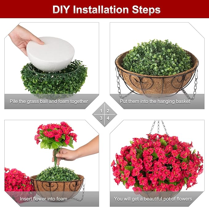 Ammyoo Artificial Hanging Flower Plants with Basket for Outdoor Decoration, Faux Petunias Flowers Fake Morning Glory Plants for Hanging Outside Patio Garden Porch Balcony Yard Spring Decor(Red)
