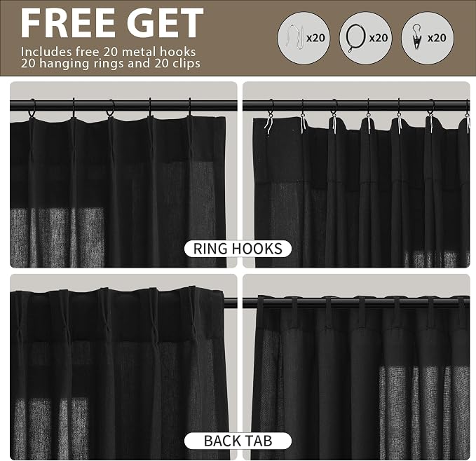 Guken Black Pinch Pleated Linen Curtains 90 Inches Long Country Boho Farmhouse Semi Sheer Textured Linen Blended Light Filtering Curtain for Living Room Bedroom Pleated Drapes with Hooks Rings 40x90