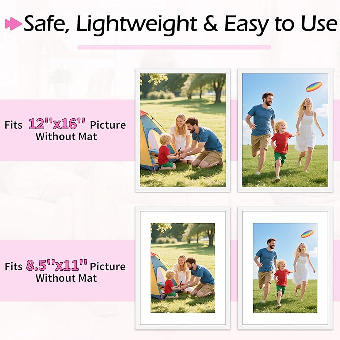 12x16 Picture Frame, 12 x 16 White Frame with HD Plexiglass, Display Pictures 8.5x11 with Mat or 12x16 Without, Wall Hanging Photo Frame Poster Frames for Home Office Gallery Decor, 2 Pack