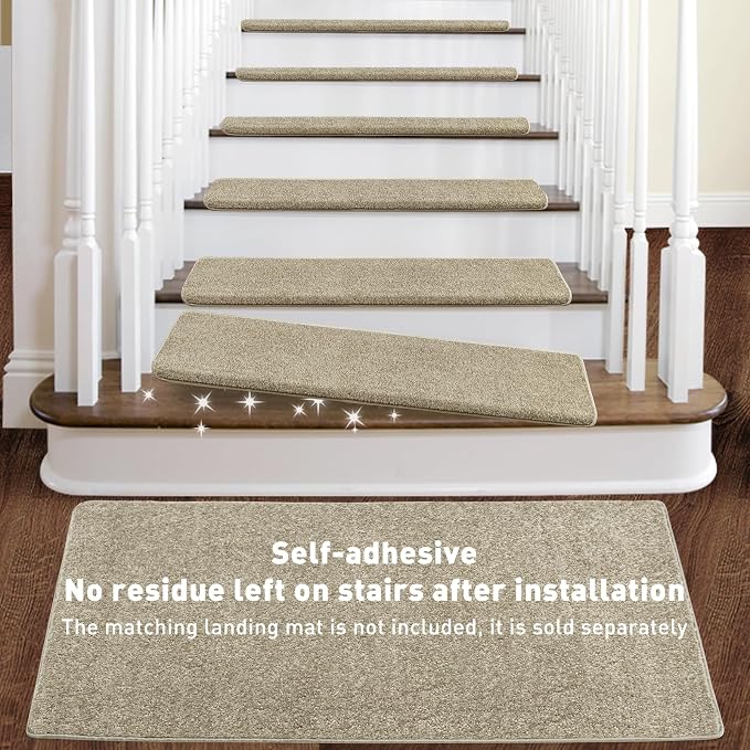 PURE ERA Bullnose Carpet Stair Treads Set Tape Free Non-Slip Indoor Stair Protectors Pet Friendly Rugs Covers Soft Skid Resistant Washable Reusable 9.5" x 30"(7 Pieces,Cream Gray)