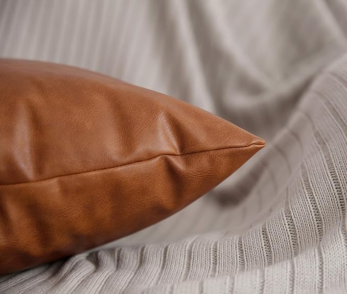 Faux Leather Throw Pillow Covers 22x22 inch, Set of 2 Thick Cognac Brown Modern Solid Decorative Square Minimalist Cushion Cases for Couch Bed Sofa