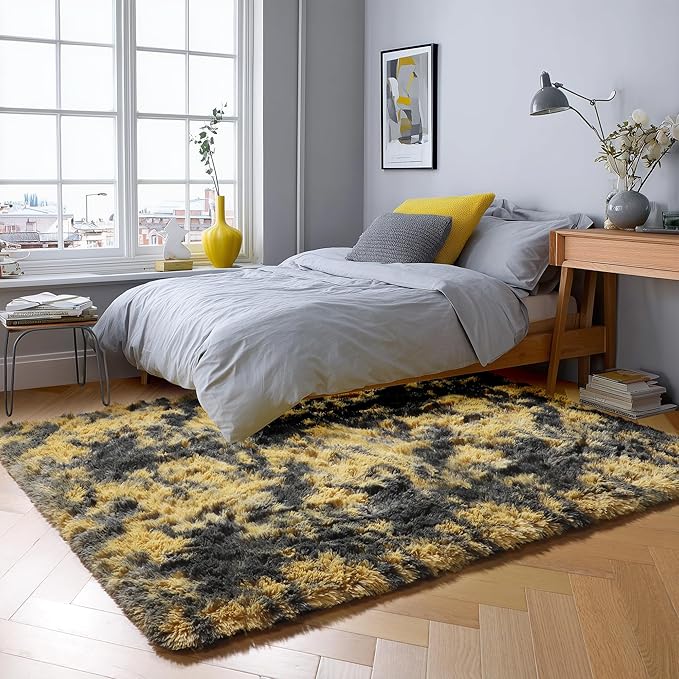 PAGISOFE 4x6 Black and Yellow Bedroom Rugs, Fluffy Modern Living Room Area Rug, Fuzzy Shaggy Carpet, Indoor Plush Rugs for Kids Room Furry Floor Rug for Boys Room Decor Carpet for Teen Dorm Nursery