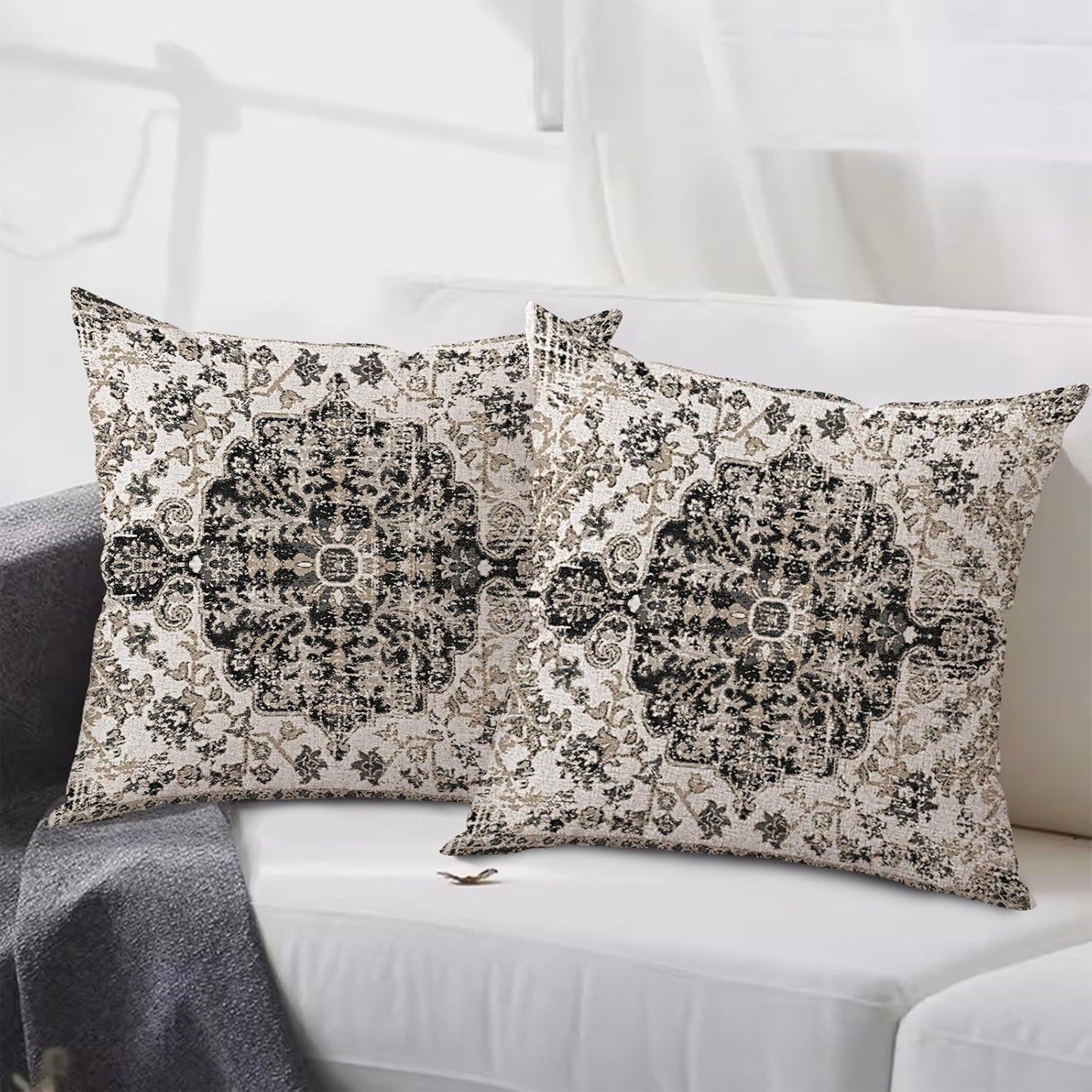 Waterproof Throw Pillow Covers 20X20 Inch Set of 2 Bohemian Vintage Carpet Pattern Black Grey Ethnic Design Decorative Farmhouse for Couch Garden Balcony (Boho-5-2)