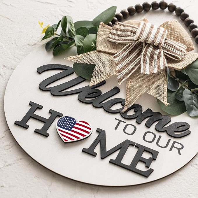 Welcome Sign for Front Door Wreath Decorations for All Seasons Front Porch Decor Hanging Gift for Farmhuose Home Outdoor Indoor (White A)