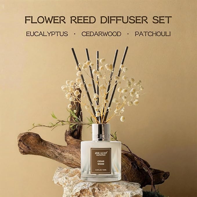 Airkeep Reed Diffuser Set,3.38 fl oz (100 ml) - Cedar Wood Oil Diffusers with 8 Reed Sticks, Home Fragrance Reed Diffuser for Bathroom Shelf Decor