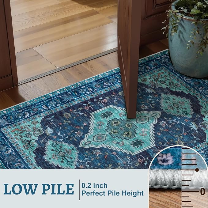 Tangsoo Vintage Teal 2X6 Washable Runner Rug for Hallways, Non Slip Hallway Rugs, Oriental Soft Low Pile Long Rug Carpet Runners for Kitchen Bedroom Entryway Bathroom Living Room Home Decor