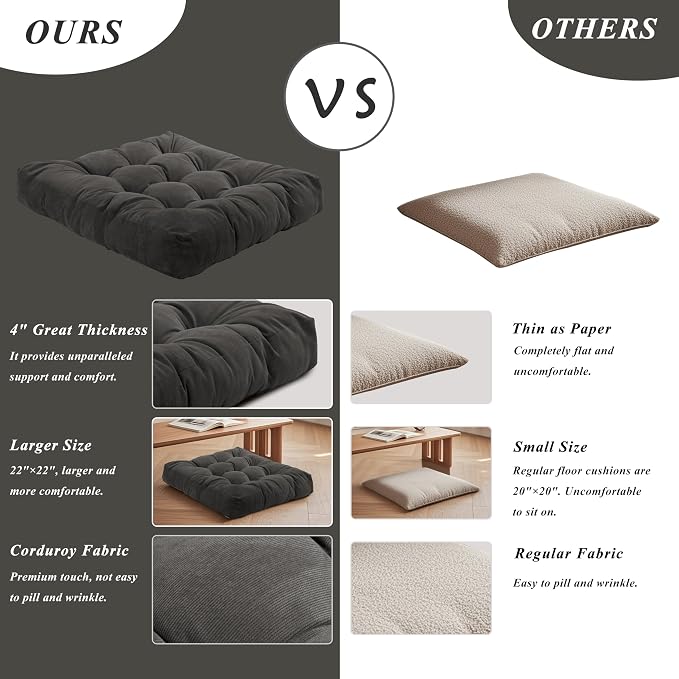 Meditation Floor Pillow 22×22 Inch 1 Pack Large Floor Cushions for Adults Square Tufted Corduroy Floor Pillows for Yoga Living Tatami Room Dark Grey