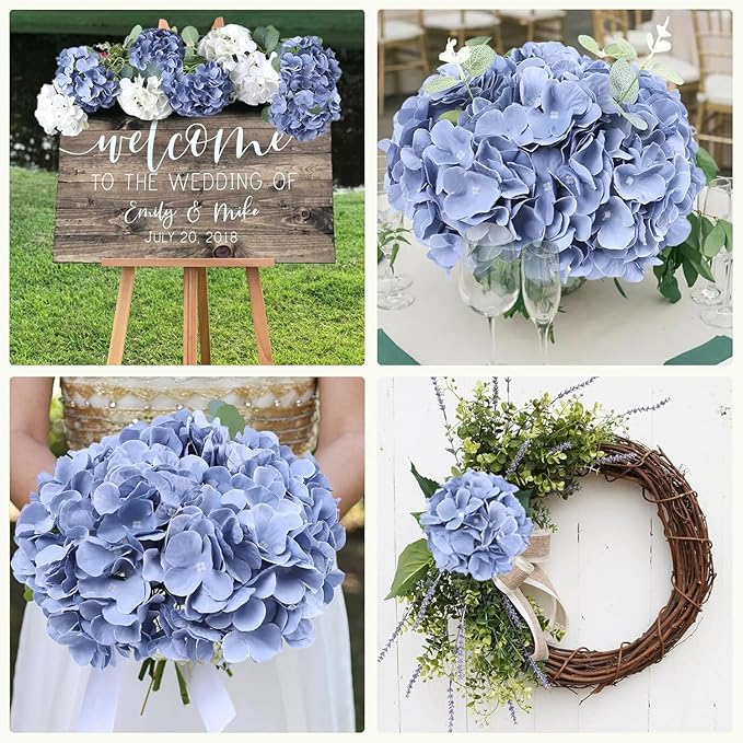 AVIVIHO 105PCS Dusty Blue Fake Flowers Hydrangea Artificial Flowers Bulk (Not Squished, No Steaming Need) Silk Flowers with Stems for Wedding Decor,Home,Baby Shower,Table Centerpieces Decoration