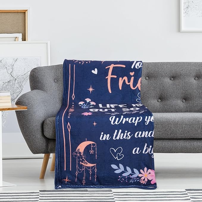 Friend Gifts for Women Throw Blanket, Inspirational Quote Moon Floral Design Soft Cozy Fuzzy Flannel Blanket, Gift for Female Friend Birthday Christmas (50" x 60")