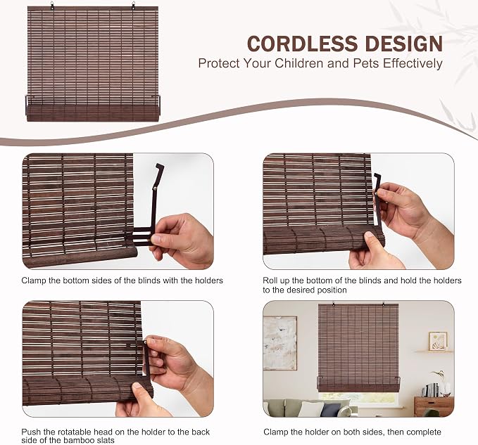 ALIMOO Cordless Bamboo Roller Shades for Interior Windows, Light Filtering Cordless Roman Shades Blinds for Indoor Home Patio Porch 30" W x 72" L