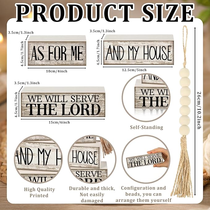 Yuntau 4 Pcs Farmhouse Bible Verse Decor Farmhouse Tiered Tray Decor Rustic Retro Wood Bead Garlands for Me and My House We Will Serve the Lord Block Christian Jesus Sign for Home Shelf Mantel