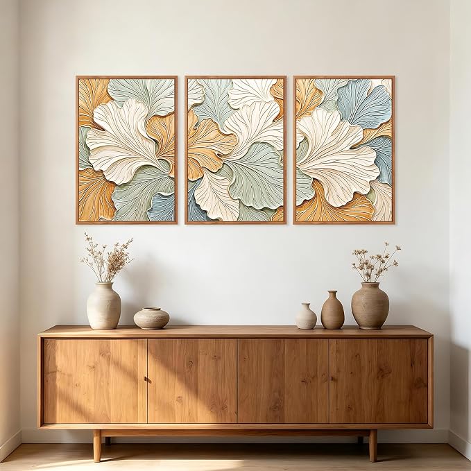 CHDITB 3D Neutral Earth Tone Impasto Ginkgo Leaf Textured Framed Canvas Wall Art Set, Pastel Minimalist Relief Wall Decor, Modern Art Prints for Living Room Hallway Bedroom Home Decor 24"x36"x3