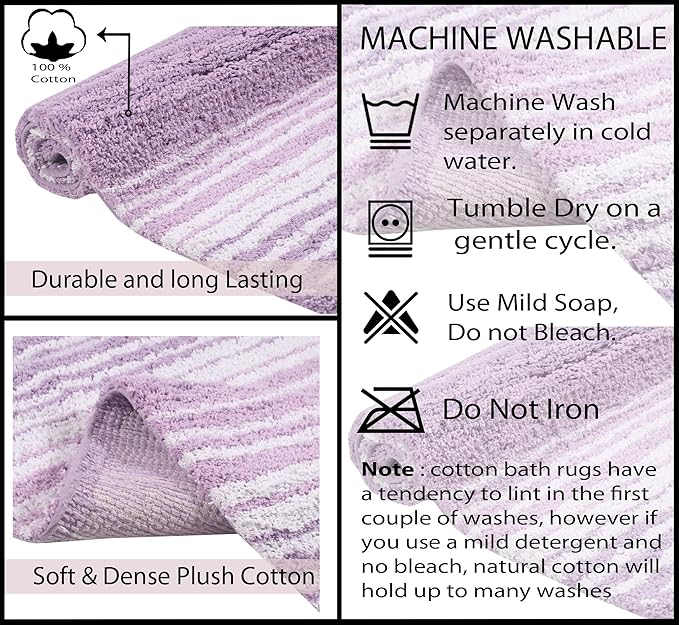 Home Weavers 100% Cotton Gradiation Collection Bathroom Décor | Washable Rug | Bathroom Mat | Kitchen Mat | Bathroom Rug Set | Bath Mat Set | Bath Floor Mat Non Slip, 3 Piece Set with Runner, Purple