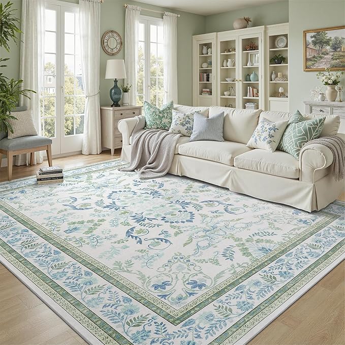 DCX Green 10x14 Rug, Kid & Pet Friendly with Rubber Back Non Slip, Machine Washable Stain Resistant Botanical Floral Rug for Living Room, Bedroom, Soft Low Pile Large Nursery Carpet