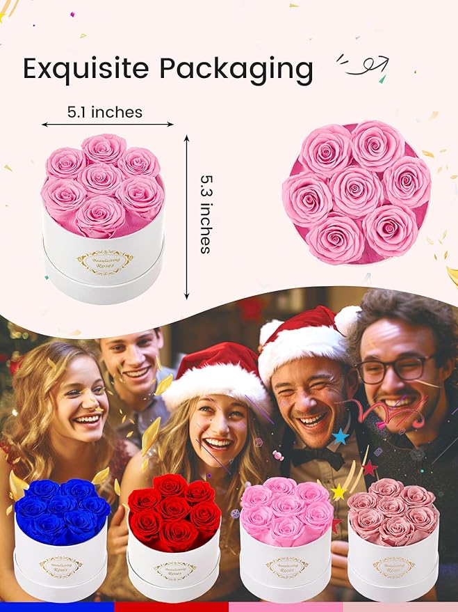 Beaulasting Long Lasting Preserved Roses in a Box Last a Year Forever Flowers for Her Mom Wife Anniversary Birthday (Round White Box, Pink)