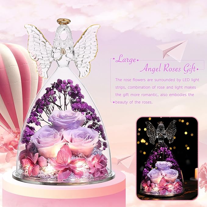 Mothers Day Rose Gifts for Women Preserved Real Flower in Glass Angel Figurines Roses for Delivery Prime Birthday Gifts for Mom Grandma Girlfriend Wife Her, Pinkpurpurple