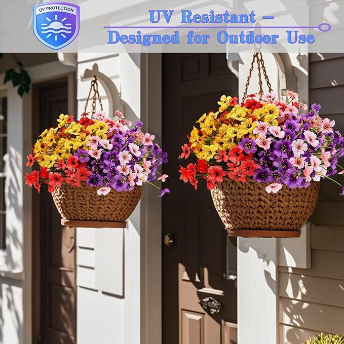 Geegoods Artificial Mums Flowers for Outdoors, 32 Bundles UV Resistant Fake Plastic Colorful Mix Flowers for Patio Porch Spring Summer Decor