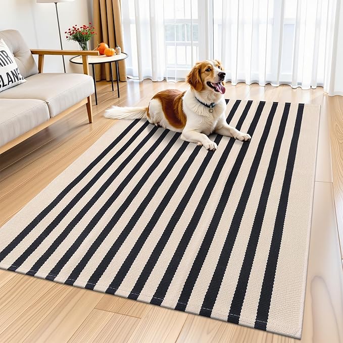 OLANLY Beige and Black Striped Rug 3' x 5' – Washable Cotton Doormat for Indoor Outdoor Use, Layered Front Porch Rug for Entryway, Kitchen, Patio