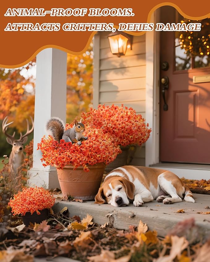 Artificial Fake Mums Flowers for Fall Outdoors Decor, 16 Bundles of Lifelike UV Resistant Orange Silk Daisies – Ideal for Porch, Garden, Yard, Planter, Halloween & Thanksgiving Autumn Decoration