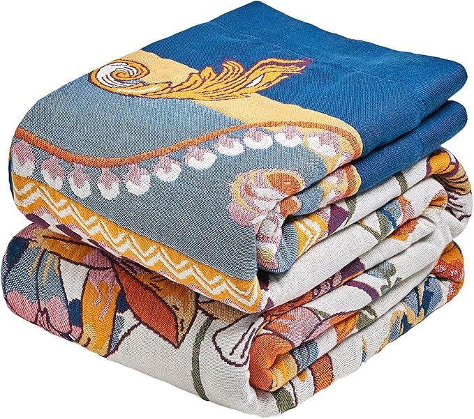 MSGKV Boho Throw Blanket 90"x90" Bed Floral 100% Cotton Blanket Summer Breathable Lightweight Queen Blankets All Seasons Home Decor Muslin