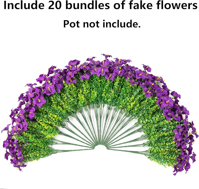Artificial Flowers for Outdoors Decoration, 20 Bundles Purple Faux Morning Glory with Eucalyptus Look Real UV Resistant Fake Plants Silk Flowers for Outside Yard Gardens Porch Patio Planter Home Urn