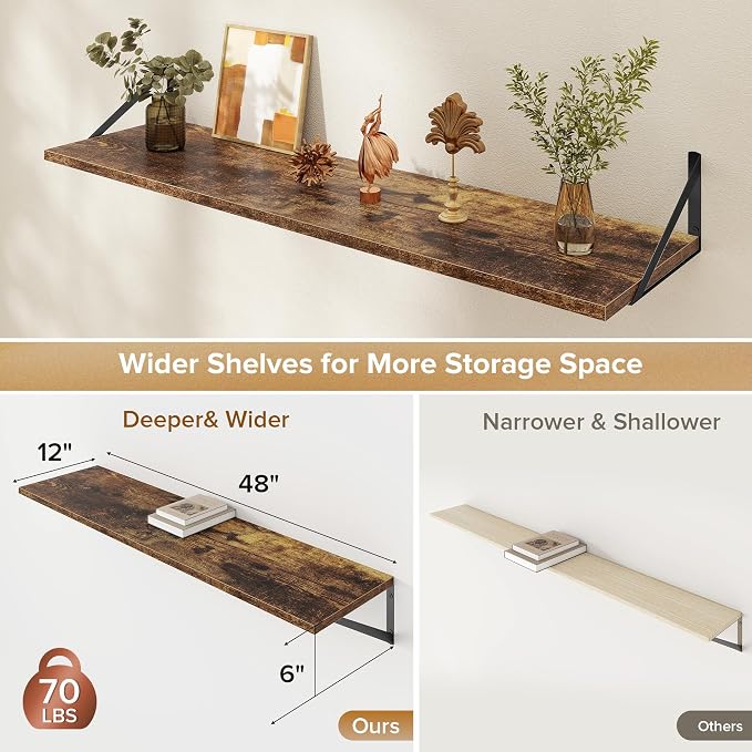 Acovy Deep Floating Shelves Wall Mounted, 48"x12" Brown Wood Shelves with Brackets Set of 2 for Bedroom, Living Room, Bathroom, Kitchen, Office - Storage & Display Shelf for Decor, Books, Plants
