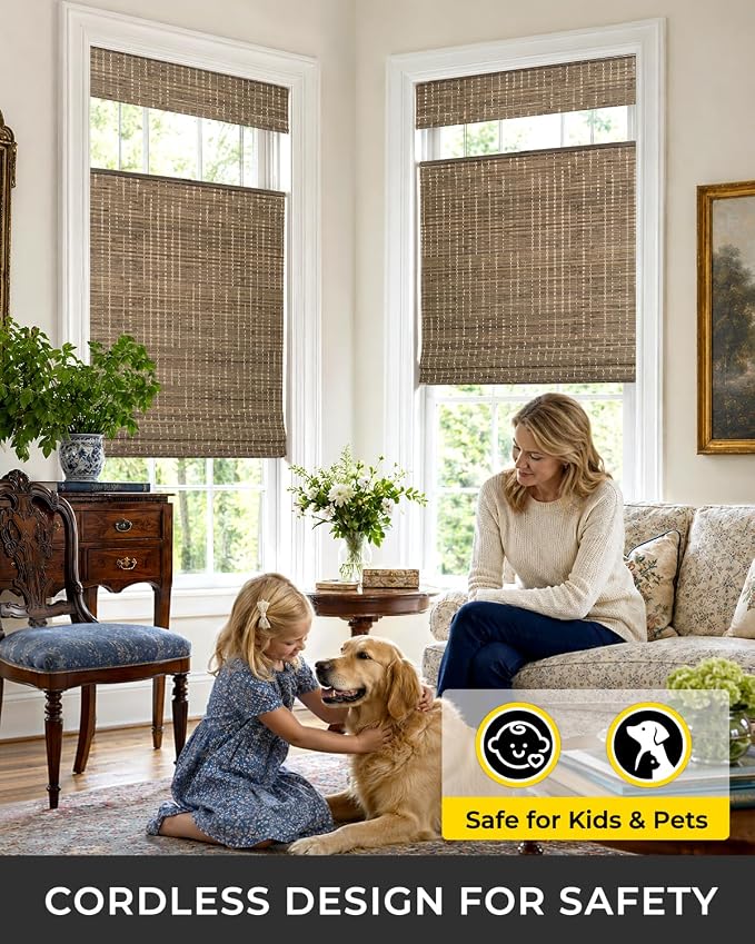 UNISHADES No Drill Cordless Bamboo Roman Shades, 46×48 in, Driftwood | Room Darkening Top Down Bottom Up Window Blinds for Indoor Windows