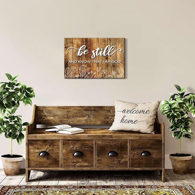 Rustic Country Brown Bible Verse Wall Art Be Still and Know That I Am God Christian Picture Inspirational Canvas Prints Boho White Plant Scripture Poster for Living Room Office Home Decorations 16x24"