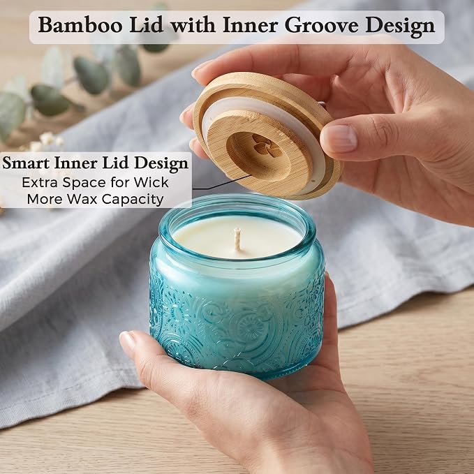 4 oz Blue Sun Moon Stars Candle Jars with Bamboo Lids, 18 Pack | Patented Embossed Design, Includes Wick Centering Devices & Warning Labels, Multiple Color Options