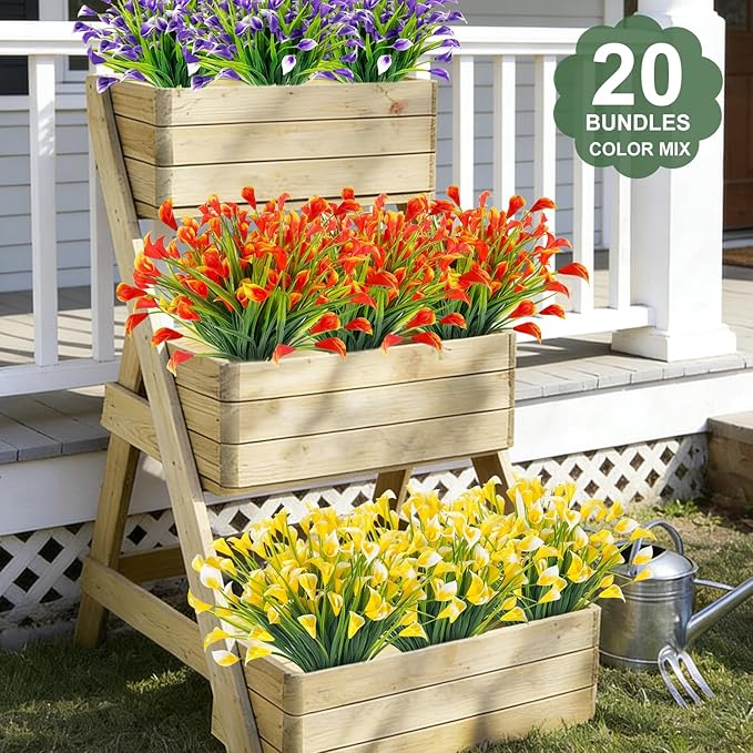 TURNMEON 20 Bundles Calla Lily (400 Heads) Artificial Flowers for Outdoors, Fake Plants UV Resistant Faux Plastic Fake Flowers for Indoor Planter Porch Gardens Home Summer Cemetery Decor(Color Mix)