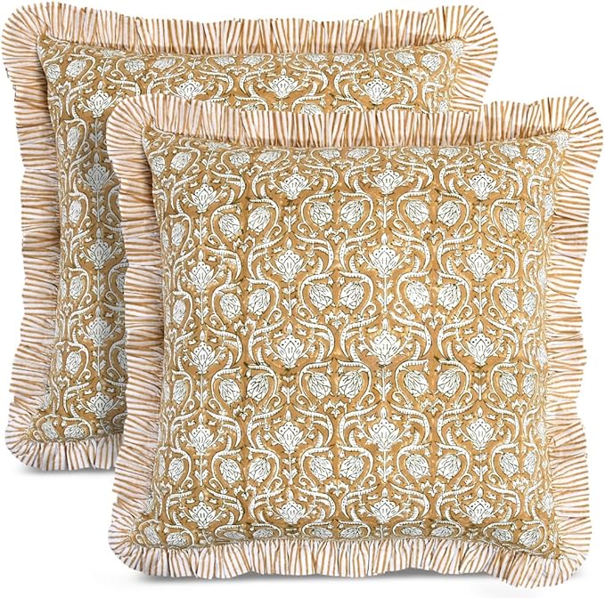 CPC Block Print Ruffle Throw Cover Mustard Regal 20"x20" Inch Pack of 2-100% Cotton Ruffle Couch Decorative Boho Pillows Case for Living Room, Bedroom, Sofa, Farmhouse Gift for Spring, Mother's Day