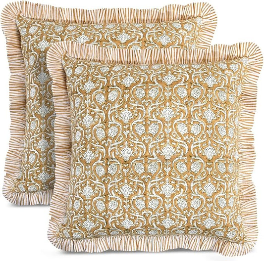 CPC Block Print Ruffle Throw Cover Mustard Regal 20"x20" Inch Pack of 2-100% Cotton Ruffle Couch Decorative Boho Pillows Case for Living Room, Bedroom, Sofa, Farmhouse Gift for Spring, Mother's Day