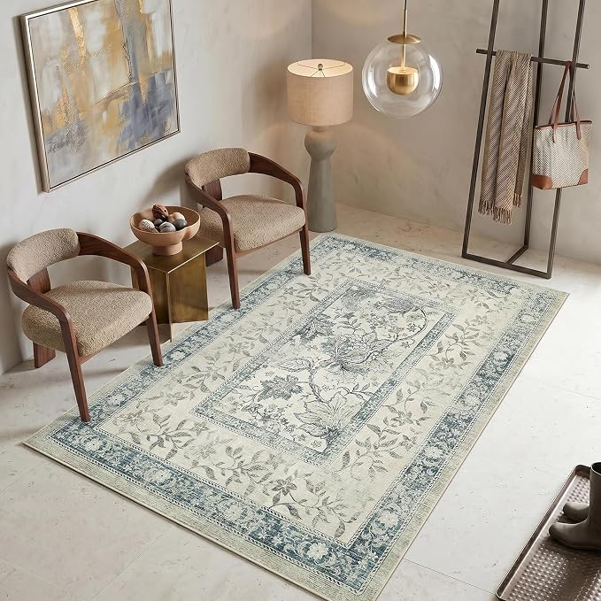 GarveeHome Vintage Blue Washable 3x5 Rug Cottage Core Retro Farmhouse Low-Pile Stain Resistant Non-Slip Rugs for Bedroom Living Room Entryway Nursery Kitchen TPE Backing
